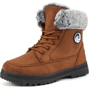 Women’s Brown Warm Fur Lined Ankle Booties Lace Up Slip-On Outdoor Boots